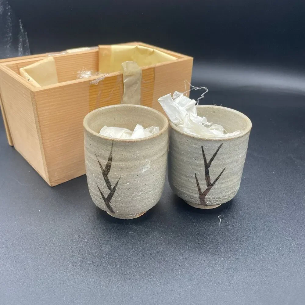 Vintage Japanese Ceramic Pottery Tea Cups Wood Box Set Artisanal Calligraphy